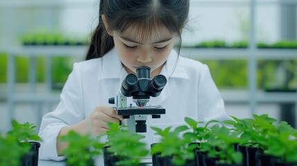 Poster - A young girl examines plants closely through a microscope in a bright laboratory, showcasing curiosity and scientific exploration.