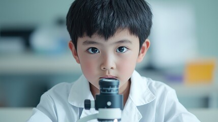Poster - A young boy looks intently through a microscope, showcasing curiosity and a passion for science in a bright, laboratory setting.