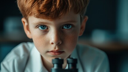 Poster - A focused boy with red hair looks intently through a microscope, showcasing curiosity and the spirit of discovery in a scientific environment.