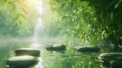 Poster - Tranquil water scene featuring smooth stones, surrounded by lush bamboo foliage in soft sunlight, creating a serene atmosphere.