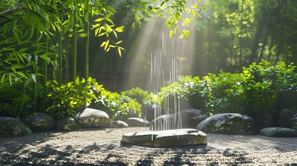 Poster - A serene garden scene featuring a gentle water feature, surrounded by lush greenery and soft sunlight filtering through the trees.