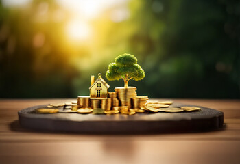 Wall Mural - A miniature house and a small tree sit on a pile of gold coins, symbolizing growth and financial prosperity.