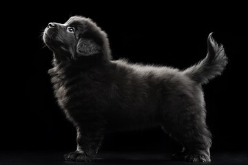 the beside view baby Newfoundland standing, left side view, low angle, white copy space on right, Isolated on black Background