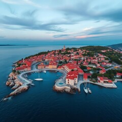 Panoramic aerial view of belem district along the tagus river at sunset in lisbon downtown lisbon portugal aerial city Ultra realistic Photorealistic aerial photography drone photography 