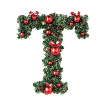 Christmas Alphabet letter T made of tree decorations	
