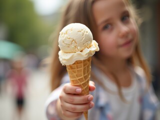 A Child Enjoys a Delicious Vanilla Ice Cream Cone in a Bustling Outdoor Setting on a Sunny Day