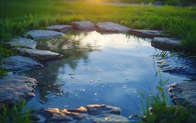Aufkleber - A serene pond reflects the sky, surrounded by stones and lush grass, capturing a peaceful natural setting at sunset.