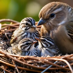 bird family, closeup portrait, mother bird, baby birds, nest setting, soft feathers, natural colors, detailed feathers, warm lighting, sharp focus, lifelike eyes, intimate moment, , nature background