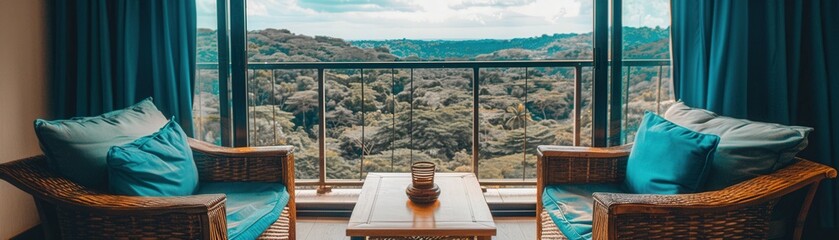 A view of a forest from a balcony with two chairs and a table