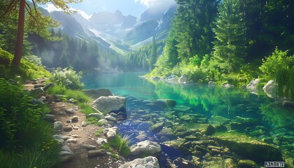 Aufkleber - A serene landscape featuring a clear turquoise lake surrounded by lush greenery and majestic mountains under a light mist.