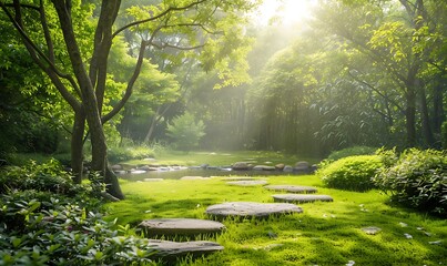 Poster - A serene forest path with stepping stones, bathed in soft sunlight, surrounded by lush greenery and tranquil nature.