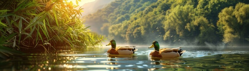 Two ducks are swimming in a lake