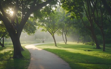 Poster - A serene pathway in a sunlit park, bordered by lush trees and gentle mist, inviting tranquility and leisurely strolls.