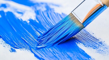 Closeup shot of a professional paintbrush applying bold blue strokes onto a blank canvas, capturing the fluidity and movement of the artistic process