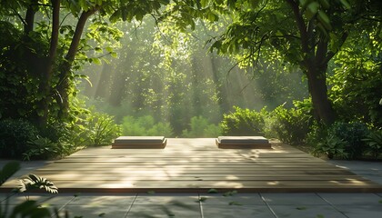 Poster - A serene wooden platform surrounded by lush green foliage and soft light filtering through trees, creating a tranquil natural atmosphere.