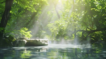 Aufkleber - A serene, sunlit forest scene with mist rising from a calm water surface, surrounded by lush greenery and soft rays of light.