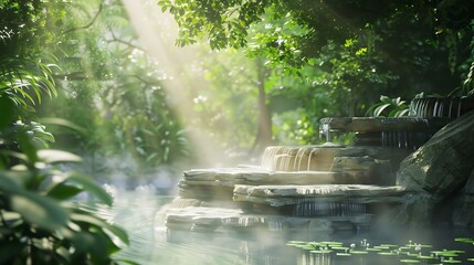Aufkleber - A serene, misty scene depicting tranquil waters surrounded by lush greenery and stones, with soft sunlight streaming through the trees.