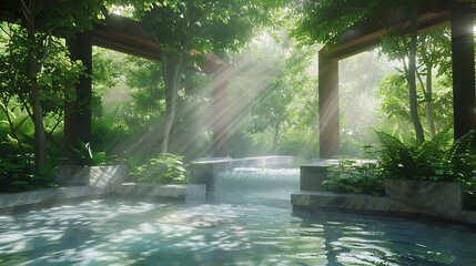 Poster - A serene forest scene with gentle water flowing beneath sunlit beams filtering through lush greenery.