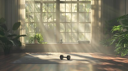 Poster - A serene home gym bathed in sunlight, featuring a dumbbell on a mat surrounded by lush plants and a large window.