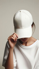 A young woman wearing a plain white baseball cap and white T-shirt. Lady girl holding visor of caps with long hair. Plain background