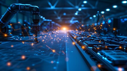 Aufkleber - A futuristic manufacturing scene featuring robotic arms and glowing circuitry, highlighting advanced technology in a dynamic industrial environment.