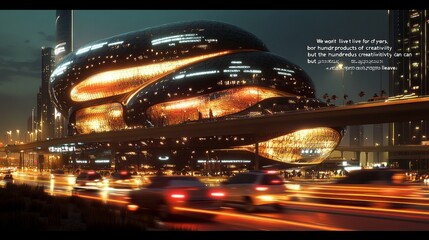 Futuristic photo of Museum of the future in Dubai at night. Busy city life. Traffic on the highway.

Translation: 