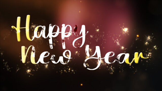 Golden text Happy New Year with festive particles bokeh lights background. New Year celebration, commercials, visuals. Illuminated 2025 sign against a festive, sparkling background.