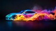 © Koh's Smart - A striking and surreal scene featuring a vividly colored sport car seemingly ablaze with colorful flames, casting a fiery glow against a sleek, black background, creating a sense of speed and power.