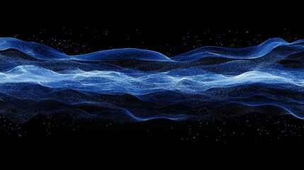 Image of horizontal lines of blue particles and undulating 3d landscape on black background. Communication technology, abstract digital interface background concept digitally generated image.