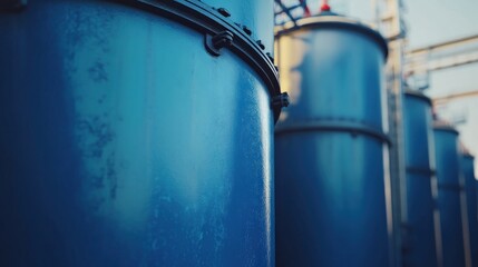 Close-up of industrial blue storage tanks in a manufacturing facility.