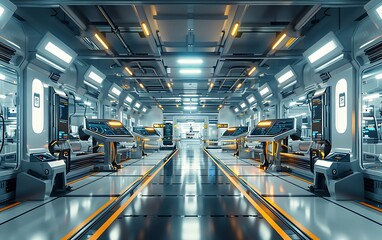 Aufkleber - A futuristic, high-tech industrial space featuring advanced machinery and bright overhead lighting, emphasizing a sterile and organized environment.
