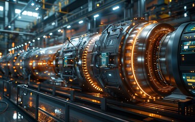 Poster - A futuristic, glowing industrial machine in a high-tech factory setting, showcasing intricate design and advanced engineering.
