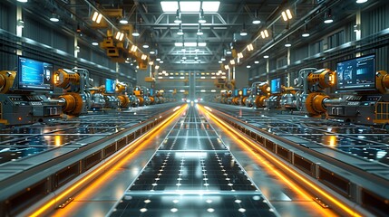Aufkleber - A futuristic industrial scene featuring robotic arms, illuminated pathways, and digital displays in a high-tech manufacturing facility.