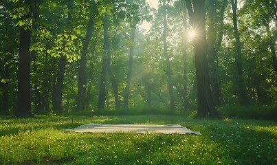 Poster - A tranquil forest scene featuring sunlight filtering through lush green trees, illuminating a grassy area, creating a serene and peaceful atmosphere.