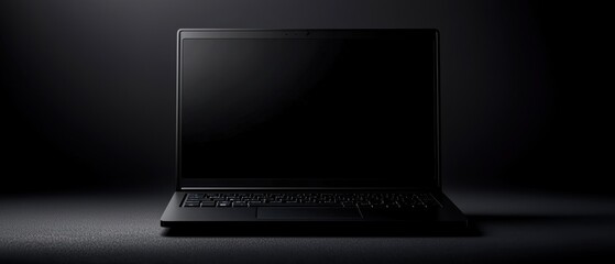 Black laptop on a dark background, showcasing a modern design and sleek lines.