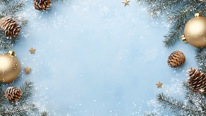 Wall Mural - Christmas background with golden decorations, fir branches, and pine cones on a blue background. Christmas card template design for social media posts or banners
