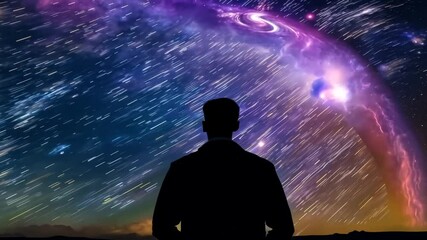 Wall Mural - cosmic overlay front panorama man standing 4k background looping amidst virtual animation video lone