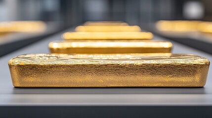 Poster - Magazine cover shot of gold bullion bars and coins in a glass case, soft reflections, with a faint overlay of declining stock trends in the background, showing the allure and caution of gold