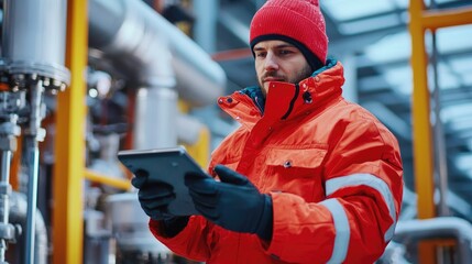 Industrial worker in thermal suit managing equipment and operations in a factory environment