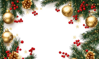 Wall Mural - Christmas background with white space and a decorated fir tree branch on the right side. Christmas decorations, golden balls, red berries, and lights with a bokeh effect on a light background. New Yea