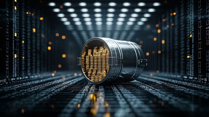 Poster - Documentary image showing gold bullion in a vault, security and caution symbols subtly in the background, capturing the dual nature of gold as wealth and risk, high-detail texture