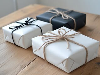 Three white and black gift boxes with brown ribbons tied around them