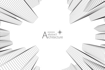 Aufkleber - 3D illustration abstract urban building out-line drawing of imagination architecture building construction design.