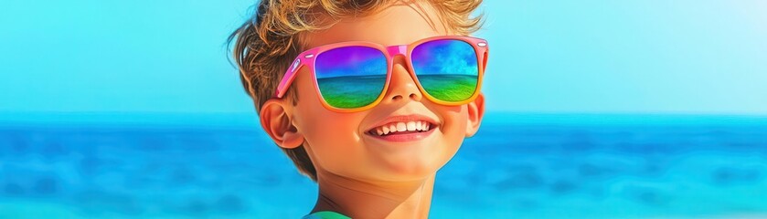 Kid wearing sunglasses, smiling, beach background, watercolor style