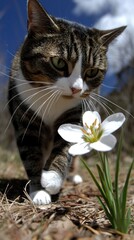 Wall Mural - A cat curiously approaches a white flower in a natural setting under a blue sky.