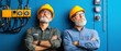 © Cherrin - Two senior workers in hard hats stand confidently against a blue wall, showcasing teamwork and expertise in an industrial setting.