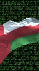 oman flag - 3d realistic waving flag on matrix digital background with binary code