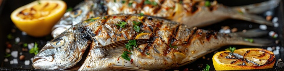 Two grilled fish served with lemon halves and fresh herbs on a dark plate, seasoned and ready to eat.

