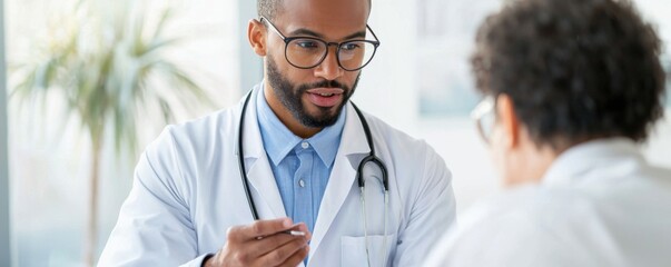 male doctor in white coat discusses treatment with patient in bright office. doctor appears attentive and professional, fostering caring environment