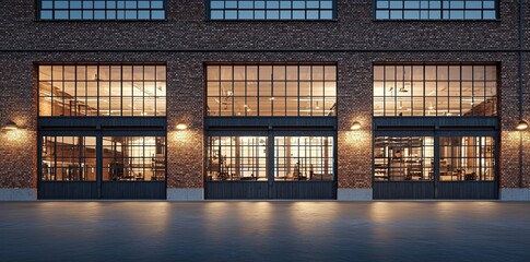 A large, empty industrial warehouse with three tall windows on the right side of an old brick wall, and two doors in the front. The walls have concrete panels painted black. There is no furniture insi